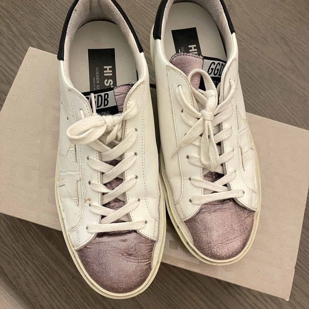 Golden Goose Women's White and Purple High Star Sneakers